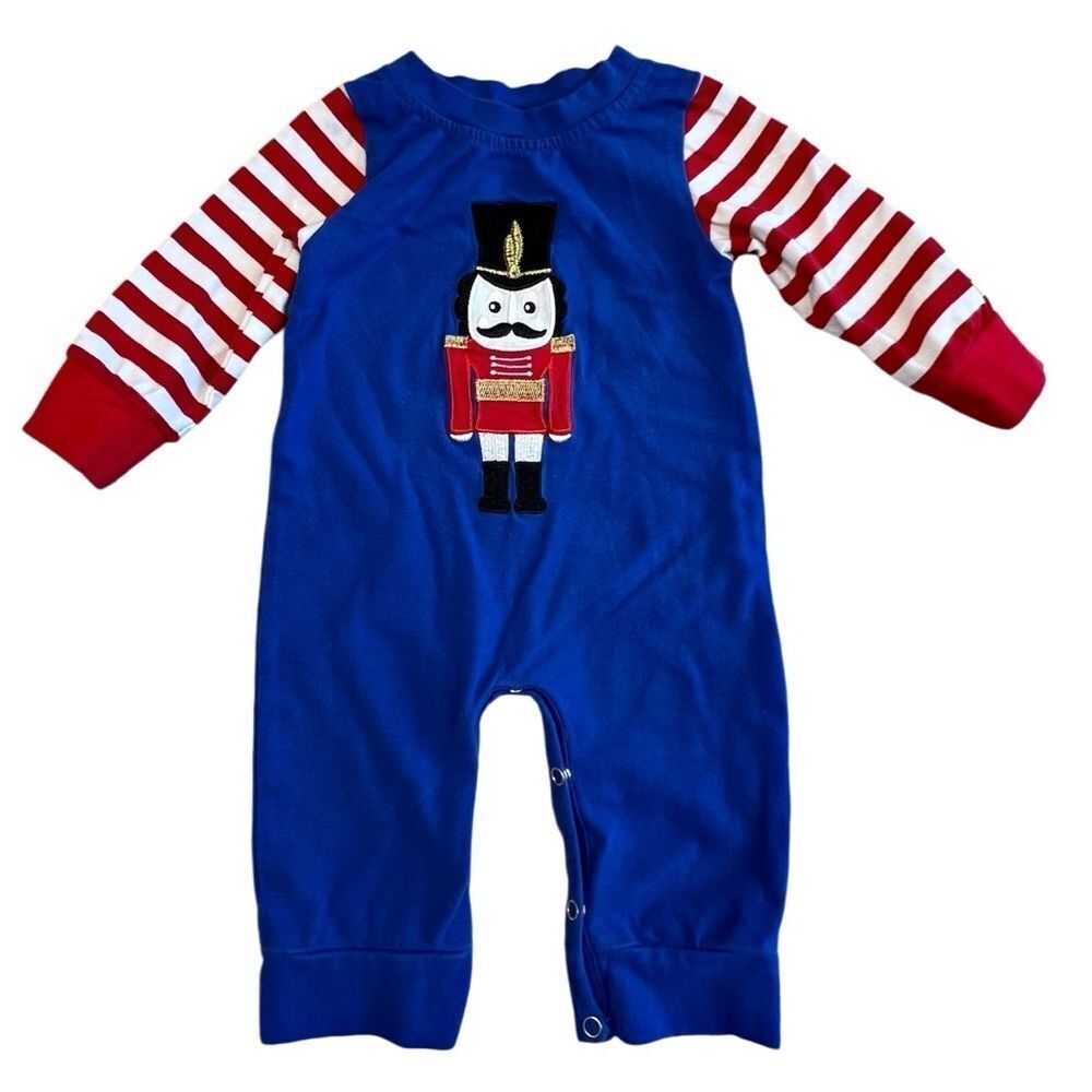 Baby Christmas Embroidered Toy‎ Soldier Blue Snap Romper 3-6 months Holiday Cute
